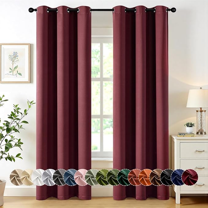 MIULEE Burgundy Red Blackout Curtains for Bedroom Living Room 84 Inches Long 2 Panels, Thermal Insulated Room Darkening Drapes Solid Grommet Top Noise Reduction Christmas Window Treatments 40x84 Inch