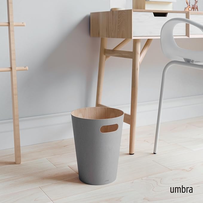 Umbra Woodrow, 2 Gallon Modern Wooden Trash Can Wastebasket or Recycling Bin for Home or Office, Grey (082780-918)