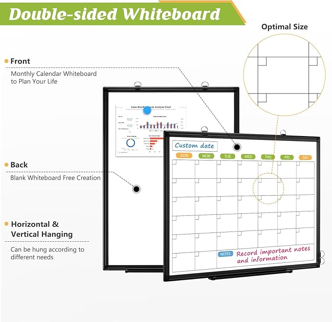 Dry Erase Calendar Whiteboard for Wall, 36" x 24" Double-Sided Magnetic Monthly WhiteBoard Calendar Dry Erase, Wall Hanging Aluminum Frame Calendar Board with Tray for Home, School, Office