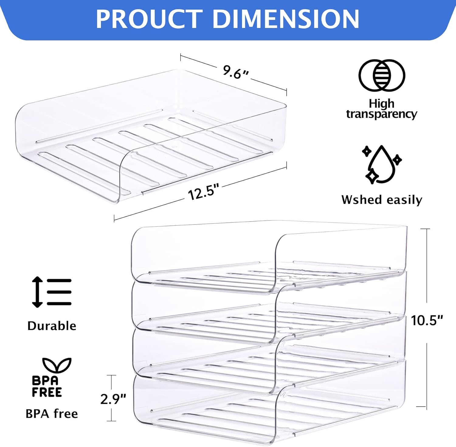 Set of 4 Office Organization and Storage, Clear PET Letter Tray Desk Organizer, Stackable Document and File Paper Organizer for Office Supplies