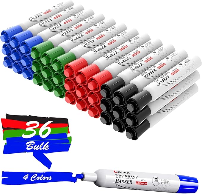 Comix Dry Erase Markers, Chisel Tip White Board Markers, 36 Bulk 4 Assorted Colors Low Odor Markers for Teachers Office & School Supplies