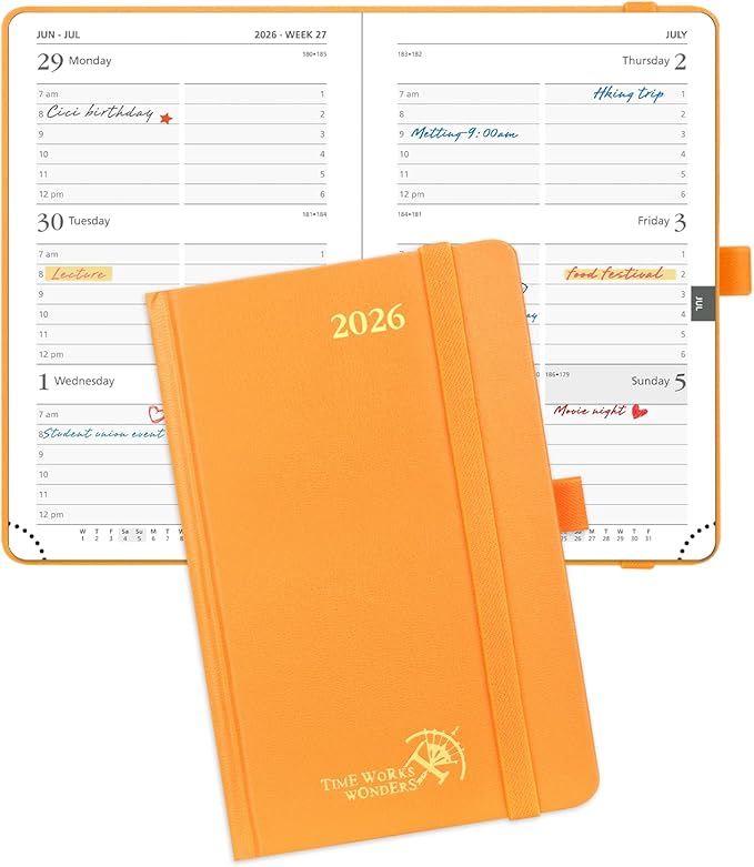 POPRUN 2026 Planner (Pocket Size 4''x 6.25'' Hardcover) - Small Calendar for Purse with Hourly Schedule & Vertical Weekly Layout, Monthly Calendars, 100 GSM - Orange