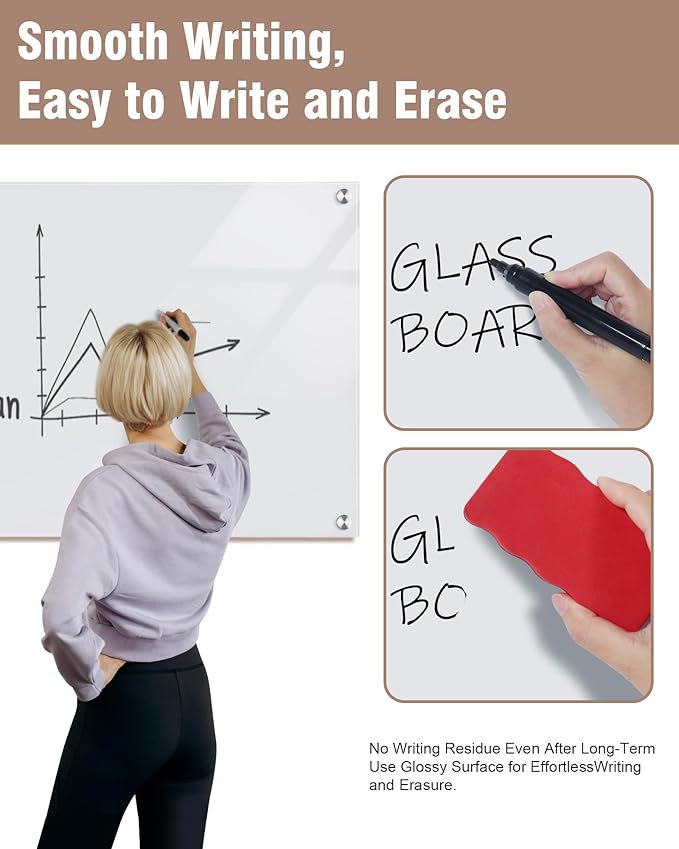 Magnetic Glass Whiteboard，60"x48" Wall Mounted Frameless Dry Erase Board for Office, Home & School Ultra White