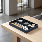 KINGFOM Pu Leather Desk Organizer Tray, 4 Compartment Office Storage Supplies Stationery Drawer Tray, Nightstand Bedside Tray for Key, Wallet, Sunglass, Watch, Coin, Phone Valet Tray Stackable Black