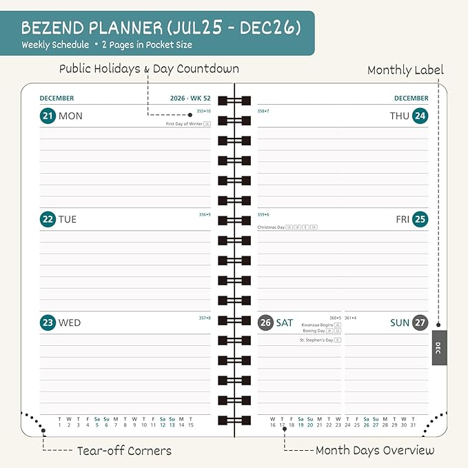 BEZEND Pocket Planner 2025-2026 Weekly and Monthly, 3.5" x 6" Academic Planner (Jul 25-Dec 26) 18-Month Mid-Year Calendar Book, Storage Pocket, Pen Holder, PU Leather Softcover, Spiral - Mint Green