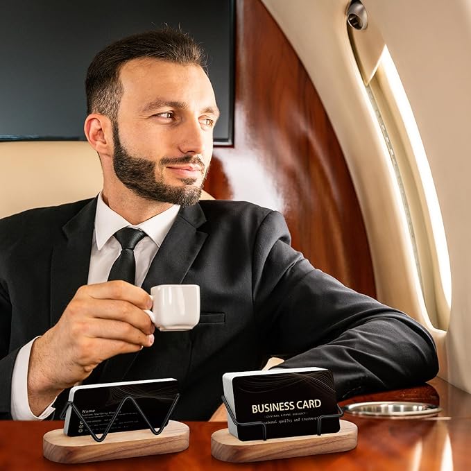 Amyhill 2 Pieces Wood Business Card Holder for Desk Wooden Business Card Display Stand Postcard Holder for Office Home Desktop(Wood Color)