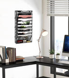 EasyPAG 10 Tier Wall File Holder with Flat Tray, Black | Easy Assemble Mesh Desk File Organizer | 9-Folder Paper Storage | Replaceable Classify Labels | Space Saving Mail Organizer for Office Home
