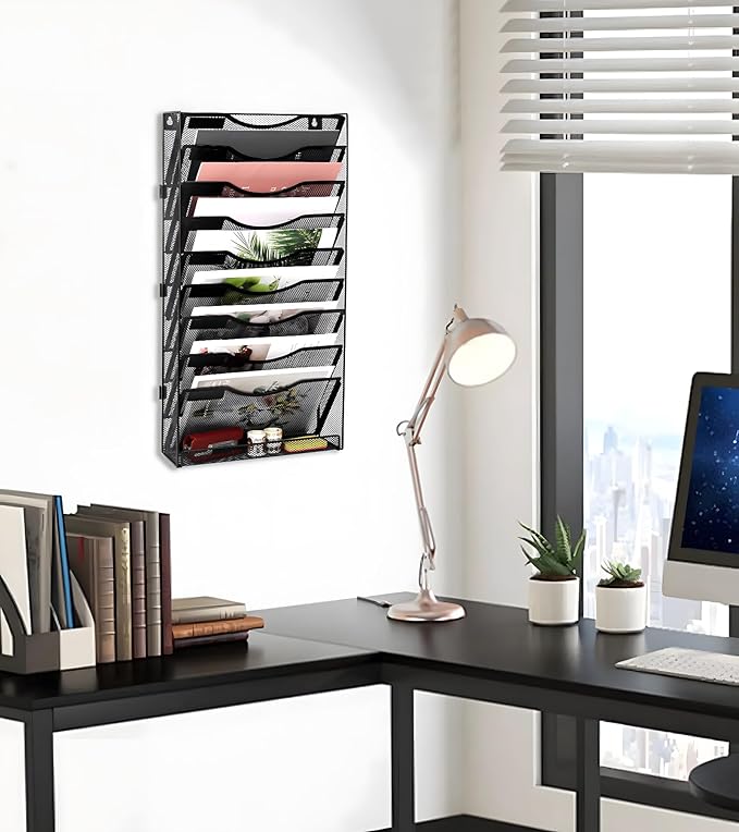 EasyPAG 10 Tier Wall File Holder with Flat Tray, Black | Easy Assemble Mesh Desk File Organizer | 9-Folder Paper Storage | Replaceable Classify Labels | Space Saving Mail Organizer for Office Home