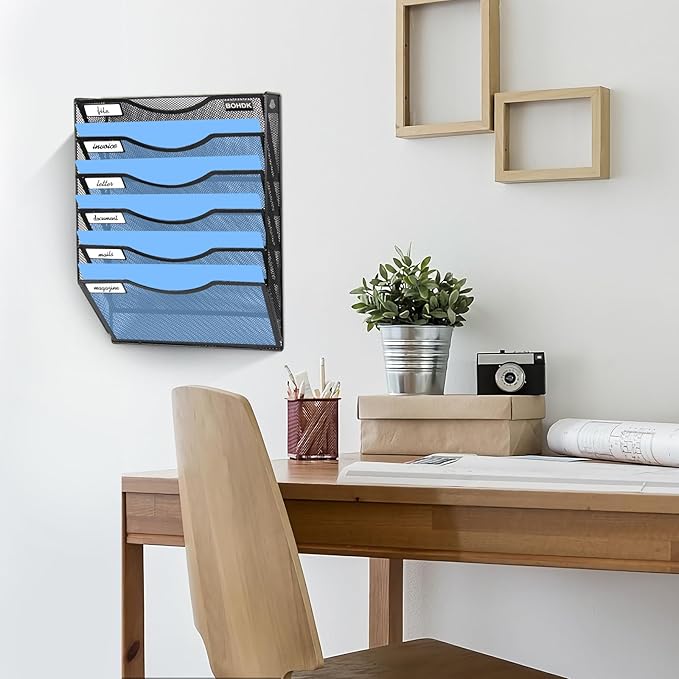 Wall File Organizer, 6 Tier Hanging File Folder Mail Organizer, Vertical Mesh Metal Wall Mount Hanging File Holder, Paper Document Magazine Rack for Home Office Black