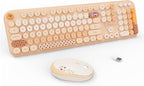 FOPETT Wireless Keyboard and Mouse Combo - 2.4G Full-Sized Cute Colorful Retro Keyboard with Round Keycaps 104 Keys Typewriter Keyboard for Laptop/Windows/PC - Milk Tea Colorful