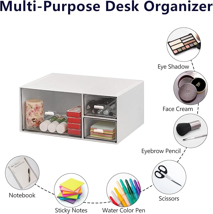 Desk Organizer Stackable Storage Drawers with 3 Compartments Stackable Drawers Great for Desk Storage, Makeup Storage Bathroom Organization Accessories Etc (White)