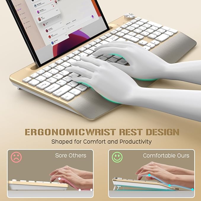 Ergonomic Wireless Keyboard with Wrist Rest-Low-Profile,Phone/Tablet Holder,Quiet Design，Windows & Mac OS，Full Size Cordless USB Computer Keyboard for Desktop,Laptop, PC, Mac, Windows-Gold