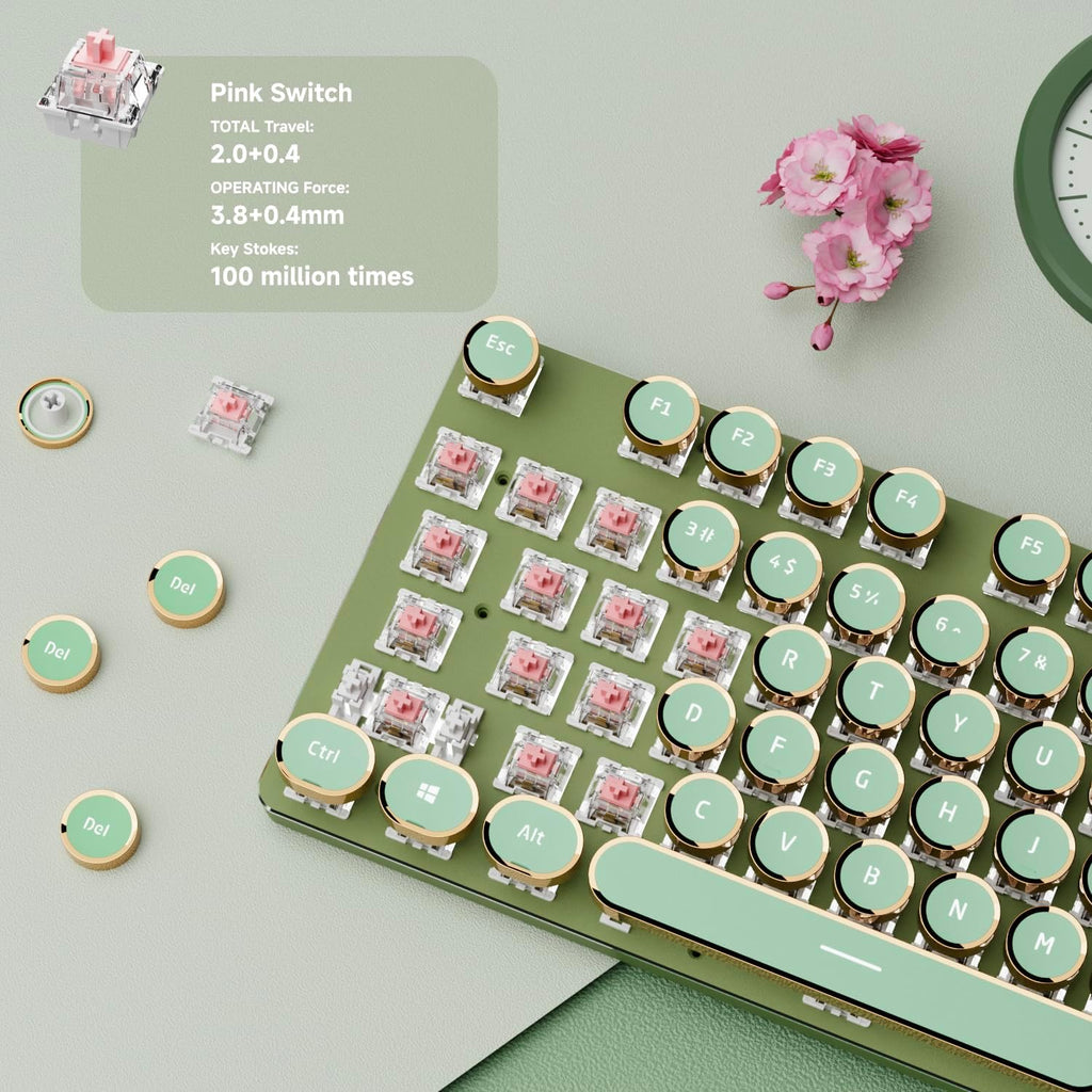EWEADN V20 Green Typewriter Keyboard,87 Keys Backlit Typewriter Style Mechanical Keyboards, Media Control Knob, Wired/BT5.0/2.4G Typewriter Style Computer Keyboards Pink Switch for Windows/Mac/PC