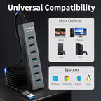 4Ft 7-Port USB 3.0 Hub for Desktop - Aluminium USB Extender Hub 5Gbps, USB Multiport Adapter, USB Splitter, USB Hub Long Cable for Desktop, PC, Flash Drive, Mobile HDD, Windows/XPS, 1.2m