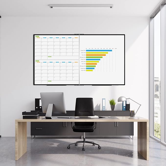 JILoffice Magnetic Foldable Dry Erase Calendar Whiteboard Combo, 2 Month Calendar Board & White Board 72 X 40 Inch, Black Aluminum Frame Wall Mounted Board for Office Home and School