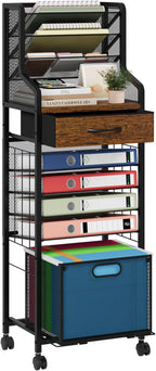 SWTYMIKI 10-Tier Rolling File Cart - Mesh Paper Organizer with Drawer and Hanging File Folders on Lockable Wheels, Wood Teacher Cart for Office Organization, Storage in Home, Studio, School, Espresso
