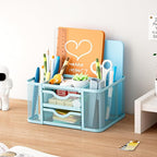 Marbrasse Mesh Desk Organizer, Pen Organizer with 2 Drawer, Multi-Functional Pencil Holder, Desk Organizers and Accessories with 5 Compartments + Drawer for Office Art Supplies (Blue)