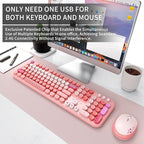 Wireless Keyboard and Mouse Combo, 104 Round Keys Full-Size Cute Colorful Pink Cordless Keyboard and Mouse with Retro Typewriter for PC/Mac/Laptop/Tablet/Computer/Windows Pink