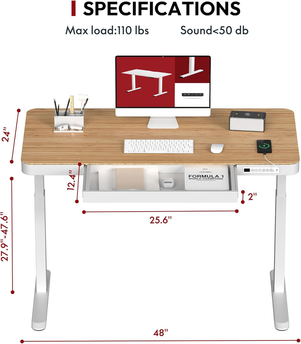 Standing Desk with Drawer, Electric Height Adjustable Home Office Desk with Storage & USB Ports, 48 inch Bamboo Texture Tabletop/White Frame