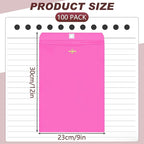 Geyee 100 Pcs Clasp Manilla Envelopes 9 x 12 Inch Gummed Colored Envelopes for Storing or Mailing for Home Office Business Supplies(Rose Pink)