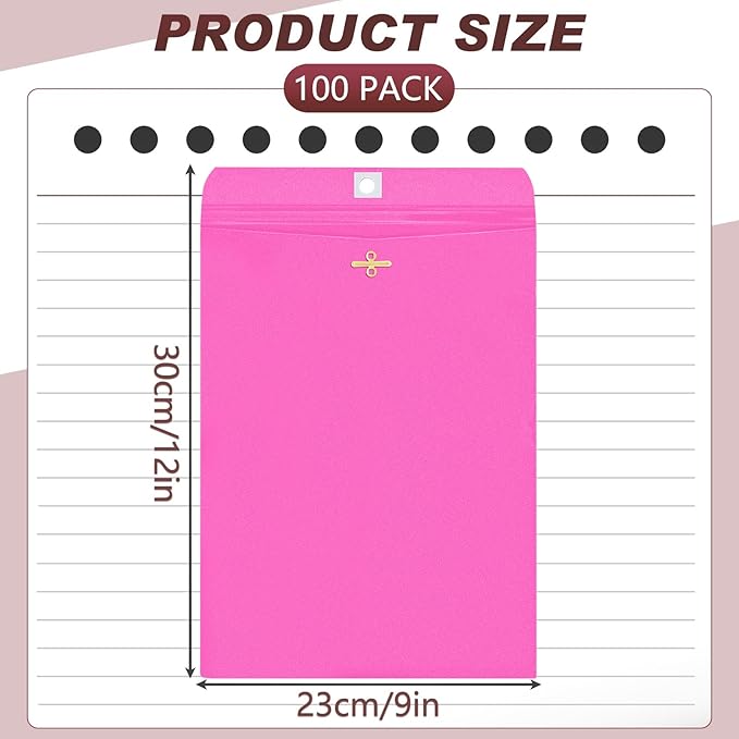 Geyee 100 Pcs Clasp Manilla Envelopes 9 x 12 Inch Gummed Colored Envelopes for Storing or Mailing for Home Office Business Supplies(Rose Pink)