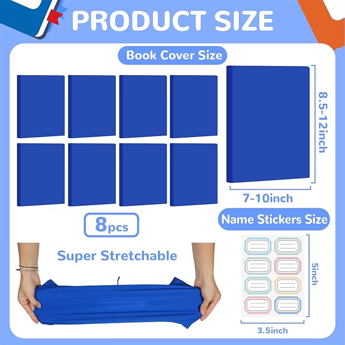 Jumbo Book Covers 8 Pack Reusable Fabric Book Cover Protective Books Covers 9 x 11 Inch Blue Stretchable Books Sleeve Cover with Label Sticker for Most Hardcover Textbooks Up to 10 x 12.5 Inch