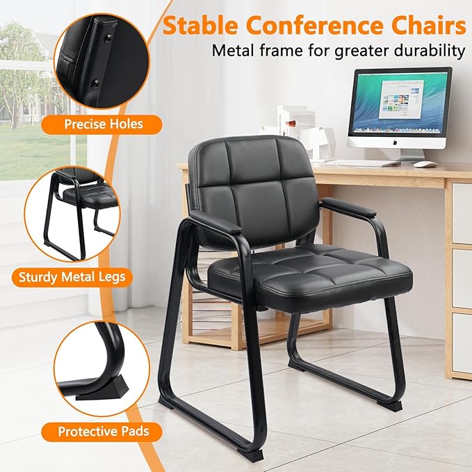 CLATINA Waiting Room Guest Chair with Bonded Leather Padded Arm Rest for Office Reception and Conference Desk Black with Sled Base 8 Pack