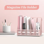 SUPEASY Desk Organizers Metal Desk Magazine File Holder with 5 Vertical Compartments Rack File Organizer for Office Desktop, Home Workspace, Pink