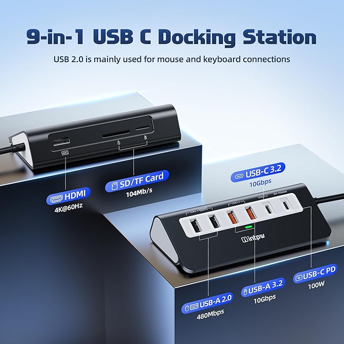 USB C Hub 10Gbps, 9-in-1 USB C Docking station with 4K@60Hz HDMI, Type-C & 2 Type-A 3.2, 2 USB-A 2.0, PD 100W, SD/TF Port, Black Aluminum USB Hub for Laptop, iPhone 16/15 Series, MacBook Air/Pro