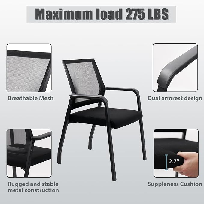 Desk Chair No Wheels, Arm Chair with Ergonomic Lumbar Support and Thickened Seats Cushion, Waiting Room Chairs for Office School Church Guest Reception, Black