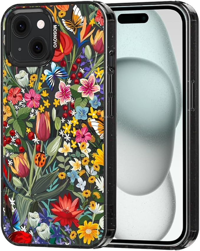MOSNOVO Case for iPhone 15 Plus, [10ft 4X Military-Grade Drop Protection] Durable & Shockproof Phone Case Cover Design for iPhone 15 Plus / 14 Plus - in The Garden - Clear Black