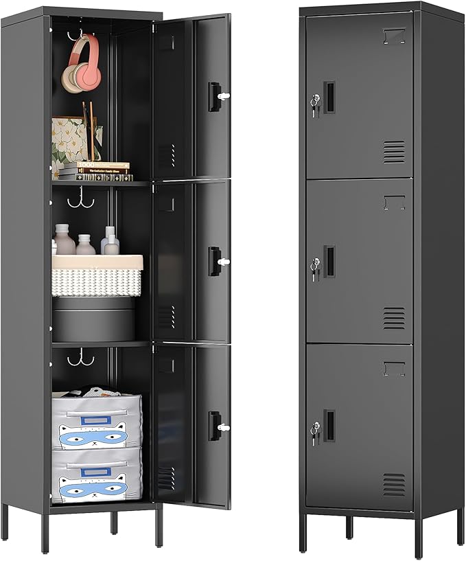 Aobabo 16" W 3 Door Metal Storage Locker with Lock, 66" H Steel Locker with Name Card Holder and Metal Hook for School, Home, Office, Playroom, Assembly Required, Black