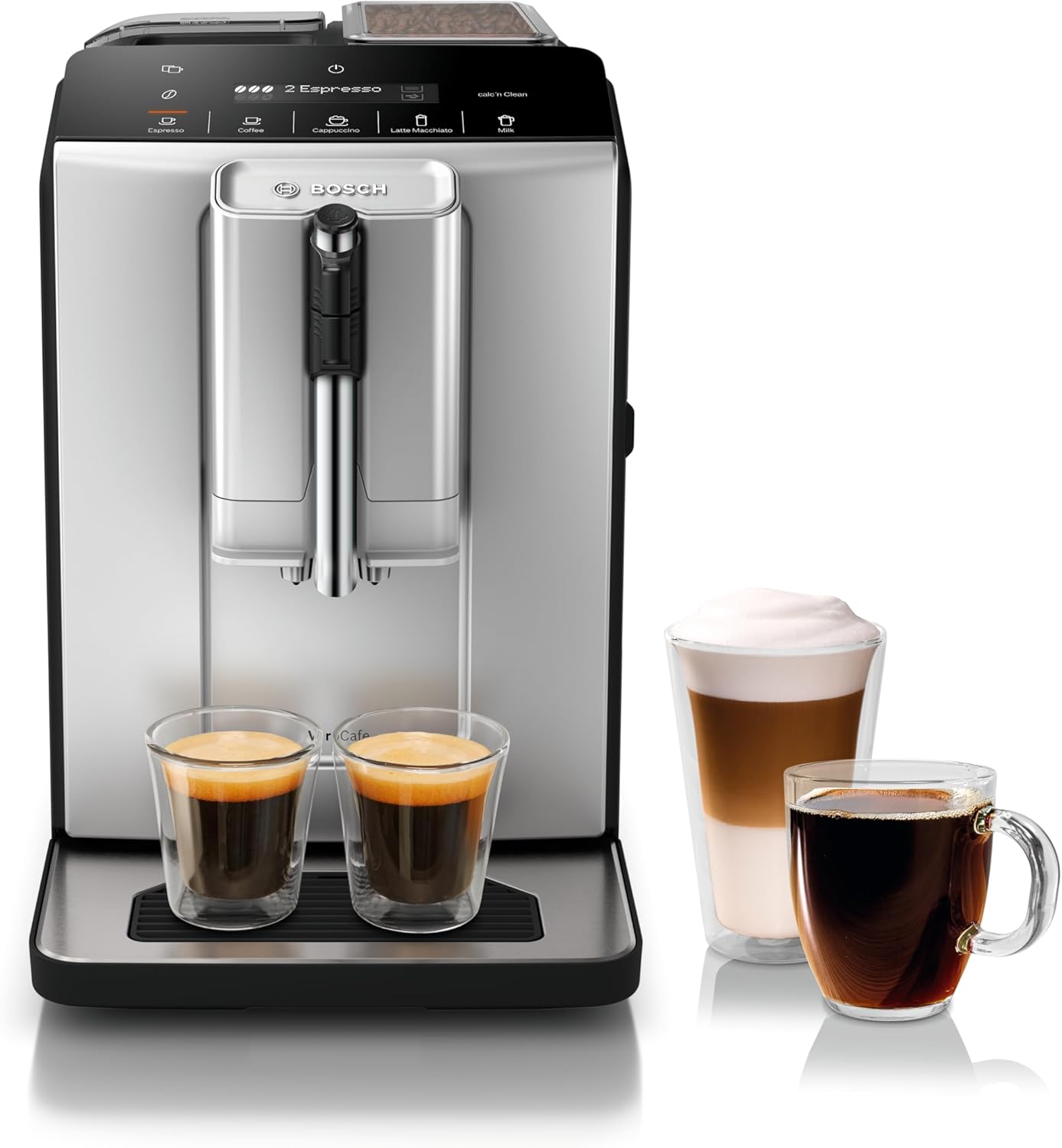 Bosch 300 Series Fully Automatic Espresso and Coffee Machine – In-Cup Frother, OneTouch Milk Drinks, 5 Drink Options, Ceramic Grinder, Easy Clean & Descale, in Silver TIU20307
