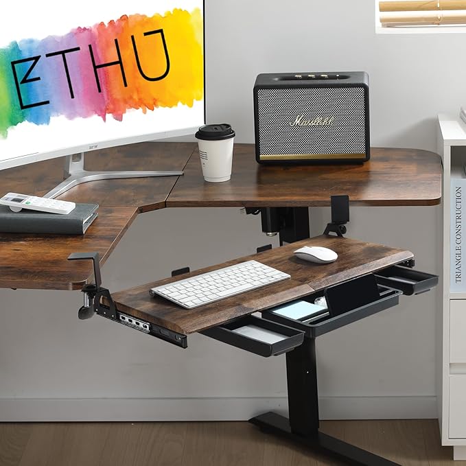 ETHU Keyboard Tray Under Desk, Ergonomic Corner Keyboard Tray with 180° Adjustable C Clamp for L Shape Desk 26.77" X 12.2" Easy to Install, Computer Keyboard Stand for Home and Office(Wood)