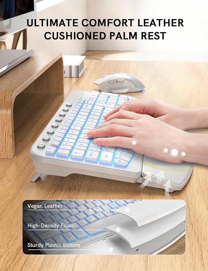 SABLUTE Ergonomic Wireless Keyboard and Mouse Combo - Wave Keyboard with Soft Leather Wrist Rest, Resistant Keys, RGB Backlit Rechargeable Set for PC/Mac/Chromebook (White)