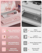 V3 Wireless Keyboard and Mouse with Single Backlit, Metal Panel, Bluetooth/2.4G Rechargeable Computer Keyboard and Mouse Combo Silent Lighted Full Size Cute Keyboards-Pink