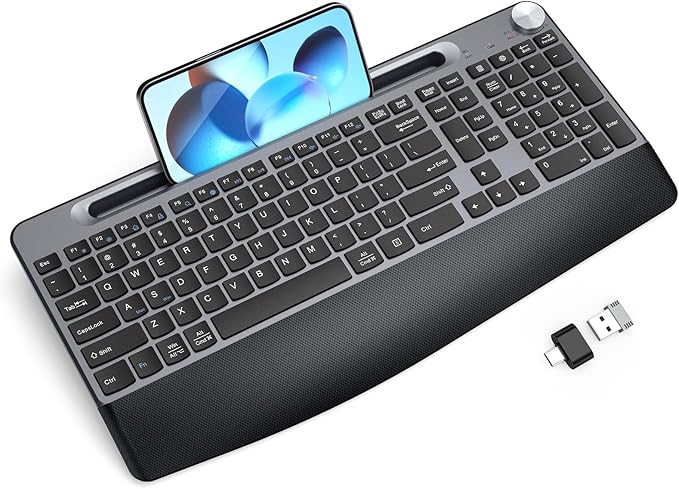 JOYACCESS Ergonomic Wireless Keyboard with Wrist Rest, Low-Profile,Phone Holder,2.4GHz Full Size Silent Cordless USB Computer Keyboard for Windows, Mac OS Desktop/Laptop/PC-Black Grey