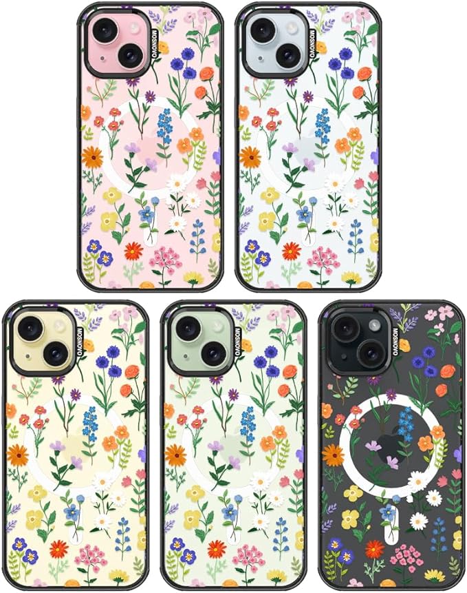 MOSNOVO Magnetic Case for iPhone 15 Plus, 10ft Military-Grade Protection, Compatible with Magsafe, Shockproof Phone Case for iPhone 15 Plus / 14 Plus - Botanical Floral - Clear Black
