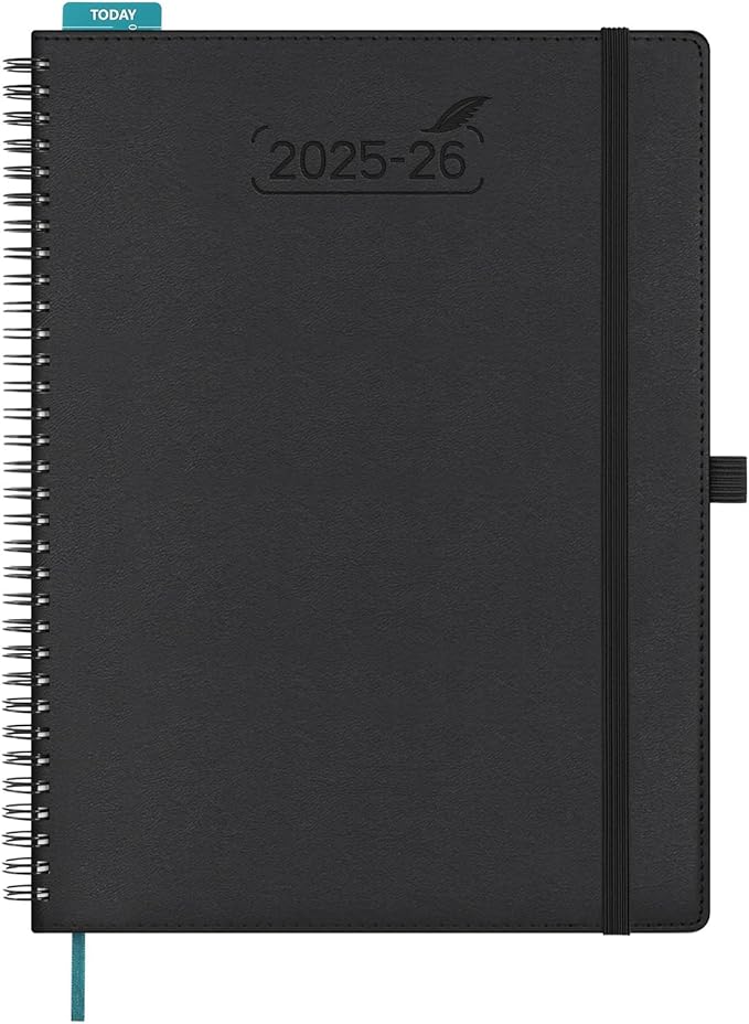 BEZEND Planner 2025-2026 Weekly and Monthly, 8.5" x 11" Academic Calendar (Jul 25-Dec 26) Vertical Daily Appointment with Hourly Timeslot & Monthly Tab, Spiral, PU Leather Softcover - Black