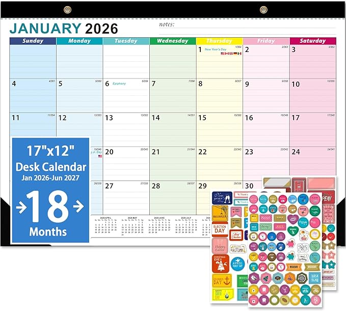 2026 Desk Calendar - 18 Monthly Calendar 2026-2027, Jan 2026 - Jun 2027, 17" x 12", Large Desk Calendar 2026-2027 with Thick Paper, Large Blocks, Stickers, Home or Office Calendar for Easy Organizing