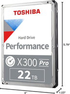 Toshiba X300 PRO 22TB High Workload Performance for Creative Professionals 3.5-Inch Internal Hard Drive – Up to 300 TB/Year Workload Rate CMR SATA 6 Gb/s 7200 RPM 512 MB Cache - HDWR62CXZSTB