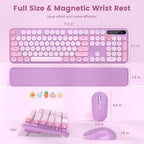 Wireless Keyboard and Mouse Combo-Round Keycaps, Full-Size Retro Typewriter Keyboard with Detachable Wrist Rest, Sleep Mode & Tilt Legs, 2.4GHz Cordless Connection for Mac/Windows/PC (Lavender Purple)