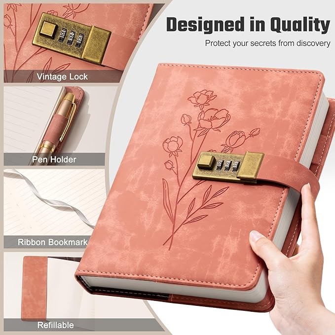 Lock Diary for Women Diary with Lock for Girls A5 Leather Locked Journal 260 Pages 100 GSM Refillable Journal with Lock for Teens Secrets Flower Journals with Combination Passwords, 5.7"x8.3", Pink