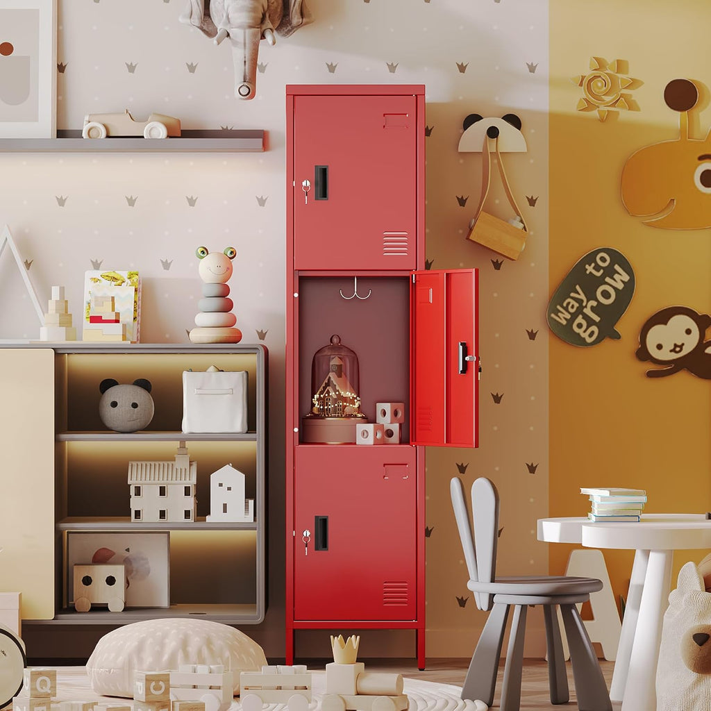 Metal Locker with Hooks and Ventilation Holes,Metal Storage Locker with Keys and Business Card Slof for Home,Gym,Garage,School,Office,66" H x 15.75" W x 15.75" D,Assembly Required,Red