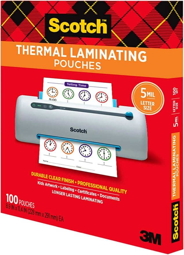 Scotch Thermal Laminating Pouches, 100 Count, Clear, 5 mil, Laminate Business Cards, Small Banners, Essays, Office or School Supplies, Fits Letter Size 8.9x11.4 in Paper