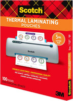 Scotch Thermal Laminating Pouches, 100 Count, Clear, 5 mil, Laminate Business Cards, Small Banners, Essays, Office or School Supplies, Fits Letter Size 8.9x11.4 in Paper