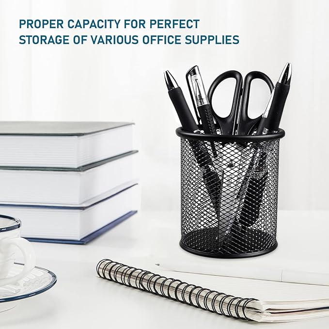 QYH Mesh Pen Cup Metal Pencil Holder for Desk 6 Packs Black Pen Organizer Office 3.54x3.93 Inch