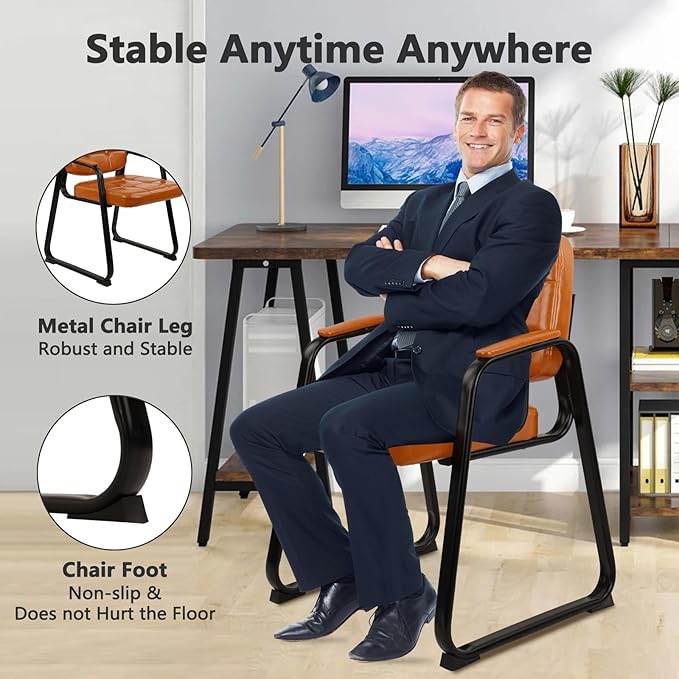 CLATINA Office Guest Chair, Leather Reception Chairs with Padded Arms, Desk Chair No Wheels Stationary for Conference Lobby Waiting Room Training Side Elderly, Set of 8-Orange