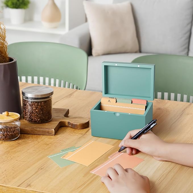 DRASTAR Index Card Holder, 3x5 Index Card Box, Wooden Index Card Organizer with 45 Index Card Dividers, Flashcard Notecard Holders for Home Office, Teal