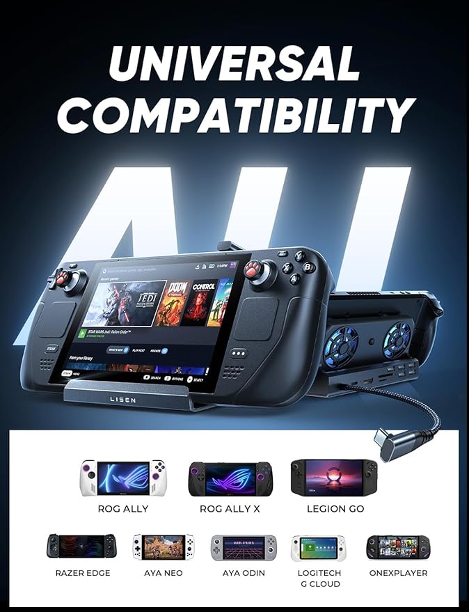 LISEN 10-IN-1 Docking Station for Steam Deck OLED&ROG Ally X&Legion Go, Dual Cooling Fan 5 USB Ports and 4K@60Hz, 100W Charging Port Support ROG Ally 30W Mode, Gigabit Ethernet Fit for Steam Deck OLED